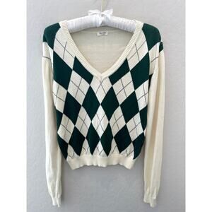 JOHN GALT | Argyle Sweater Green Cream V-Neck Long Sleeve Preppy Y2K Style